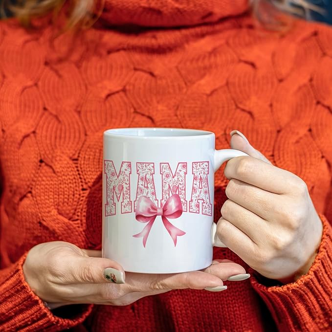 JINYO Coquette Pink Bow Floral Mama Mug, Mama Coffee Cup, Mother's Day Mugs Cups for Mom, Mom Birthday Gifts from Daughter Son, Ceramic Coffee Tea Mug 11 oz