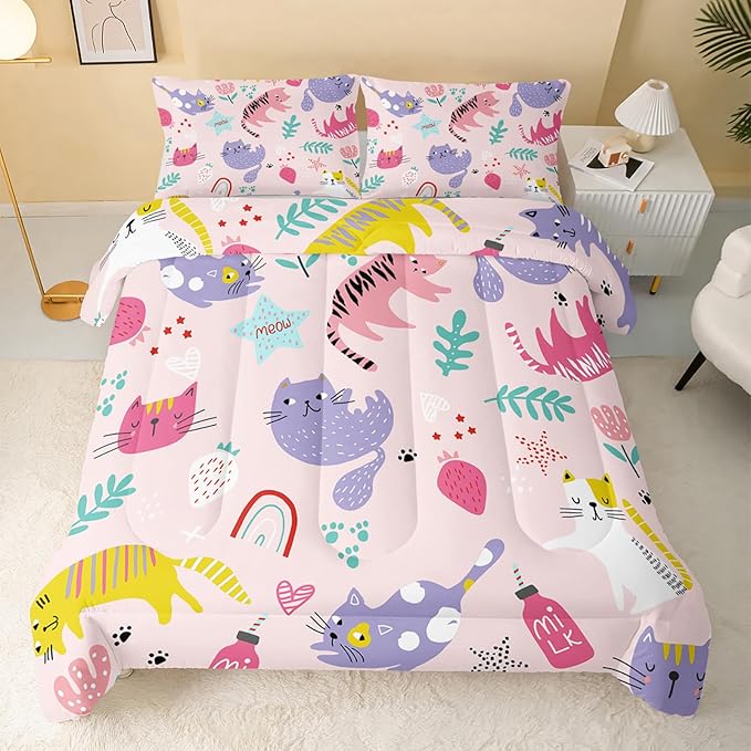 Kawaii Cats Comforter Full Size,Pink Cats Kids Comforter Set,3Pcs Bedding Set Printed Comforter with 2 Pillowcases,Down Alternative,Soft and Lightweight,for All Seasons