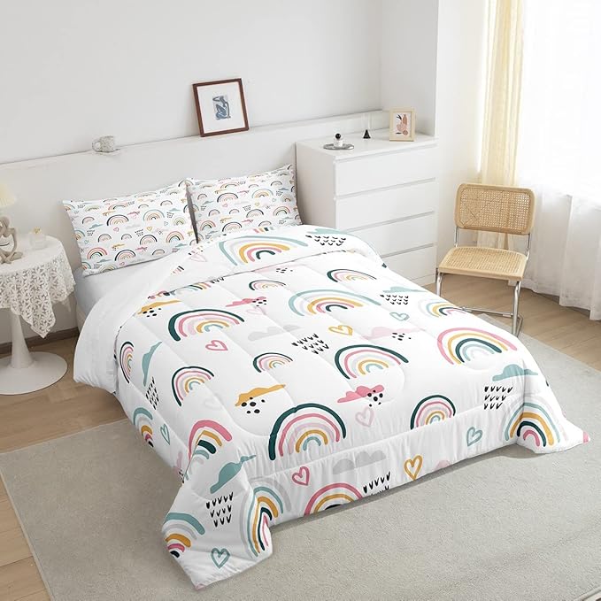 Erosebridal Rainbow Bedding Set for Kids Girls, Pink Love Heart Comforter Set King Size Cartoon Cloud Geometric Stripes Bedding Comforter for Boys Children Women Watercolor Art Girly Duvet Sets