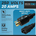 IronBox Electric NEMA L6-30P to C19 Power Cord - 20Amp, 250V, 12/3 SJT - UL Listed Heavy Duty Power Extension Cable for Generator, Data Centers, Outdoor Use, High-Powered Applications & More (15 ft)