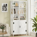 FATORRI Bookshelf with Doors, Modern Tall Bookshelf with Cabinet, Wood Book Shelf and Farmhouse Organizer Storage BookCase for Living Room (White Oak)