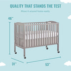 Folding Full Size Convenience Crib In Storm Grey, Two Adjustable Mattress Height Positions, Comes With Heavy Duty Locking Wheels, Flat Folding