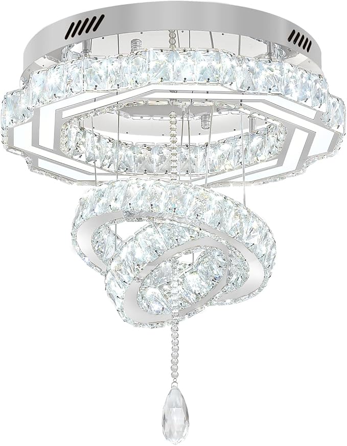 Flashing God 20" Crystal Chandelier Crystal LED Flush Mount Chandeliers for Living Room Bedrooms Dining Room Modern Chrome Chandelier Lighting Dimmable 2700k 4500k 6000k