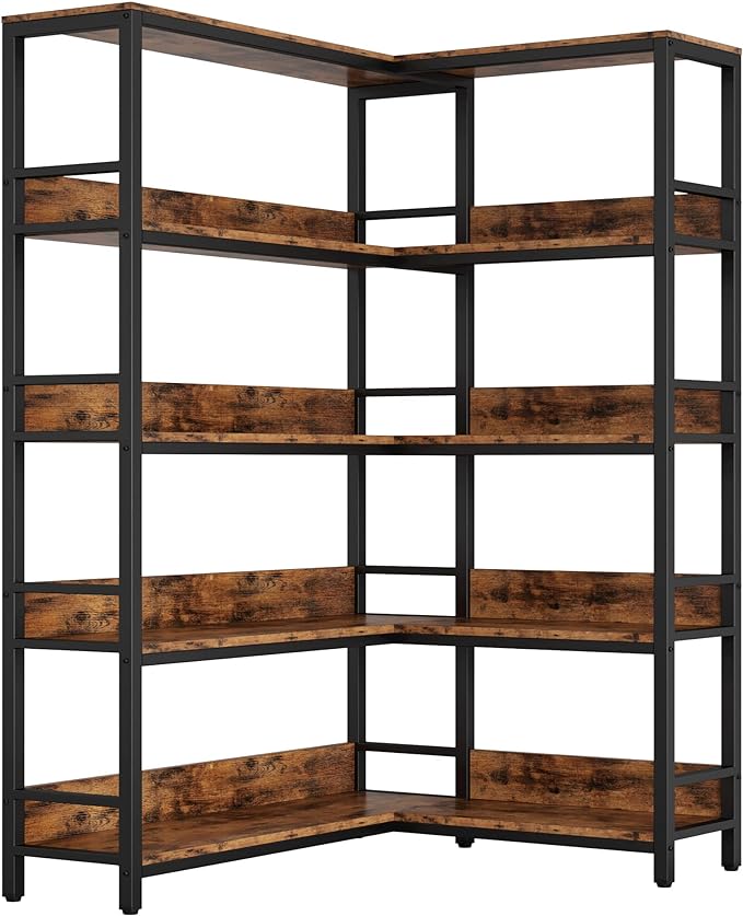 IRONCK Industrial Bookshelves 5 Tiers Corner Bookcases with Baffles Etagere Shelf Storage Rack with Metal Frame for Living Room Home Office