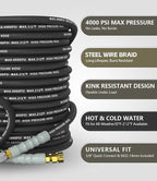 Pressure Washer Hose 75FT 4000 PSI, Kink Resistant Steel Braided Layer & NonMarking Rubber for Hot/Cold Water, High Power Washer Hose With 3/8 Inch Quick Connect & M22 Fitting, Black