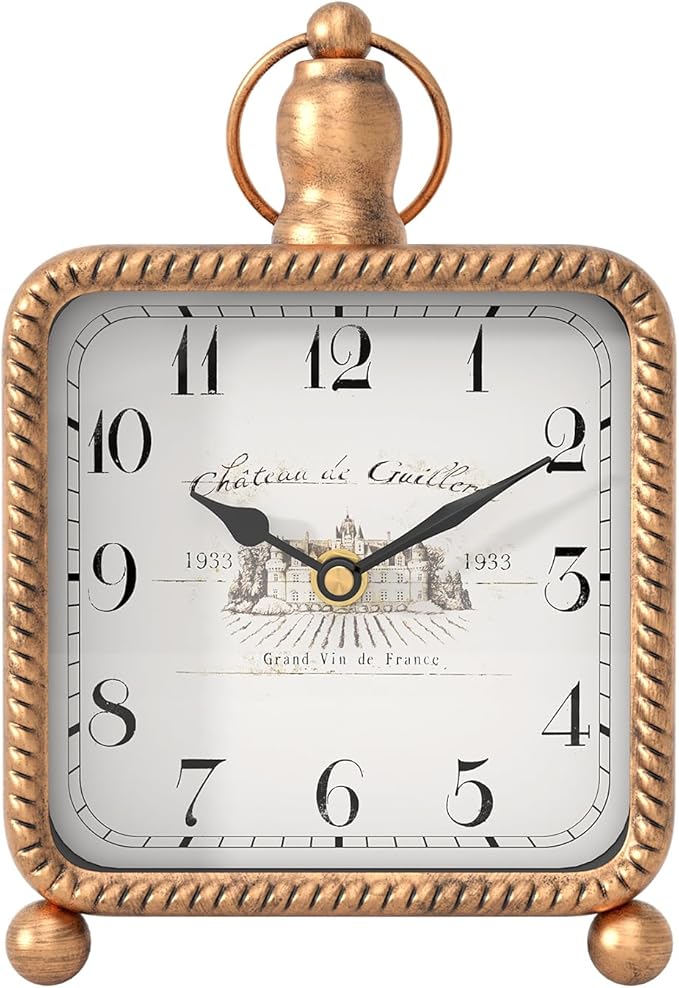 Vintage Gold Table Clock on Stand, Desk and Shelf Decor Clock, French Rustic Style Non-Ticking Mantel Clocks for Farmhouse, Living Room, Bedroom, Bedside, Gift (8.5" H x 5.5" W)