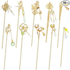 10PCS Gold Decorative Vintage Retro Pearl Gold Metal Hair Sticks Pins with Pendants Chinese Hanfu Asian Flower Butterfly Hair Chopsticks Hair Bun Updo Holders Long Thick Hair Accessories for Women