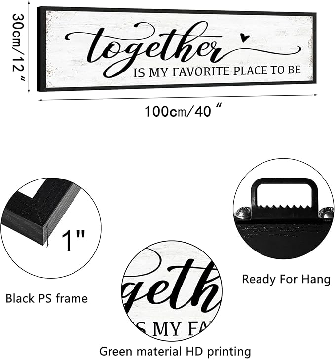 Together is My Favorite Place to Be Sign: Couples Bedroom Wall Decor Above Bed Modern Framed Farmhouse Rustic Family Signs Master Bedroom Wall Decor Hanging Wall Plaques with Sayings 12" x 40"
