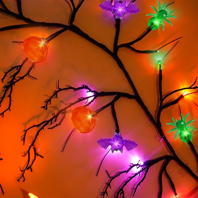 [8 Modes & Timer] 6 Ft Halloween Willow Vine Twig Decor Garland with Bats Pumpkins Spiders Lights, 54 LED Battery Operated Halloween Lights for Indoor Home Mantle Fireplace Decor