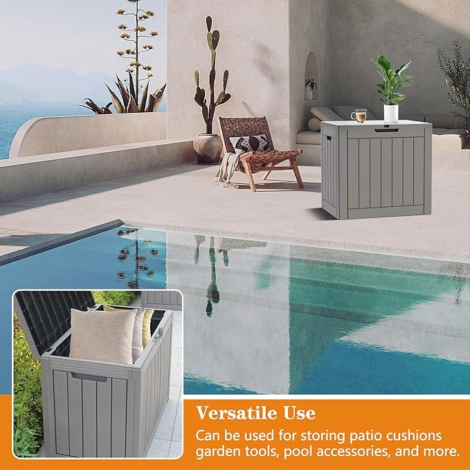 Modern-Depo 31 Gallon Waterproof Storage Deck Box Patio Furniture Organization Container with Lockable Lid, PP Outdoor Side Table for Garden, Yard, Poolside, Gray