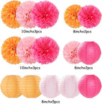 Pink-Orange Party-Decorations Paper-Flowers Lanterns - 15PCS Fall Wedding Birthday Tissue Pom Poms Streamers, Boho Baby Bridal Shower Graduation Sunset Hanging Supplies Decor Hugfond
