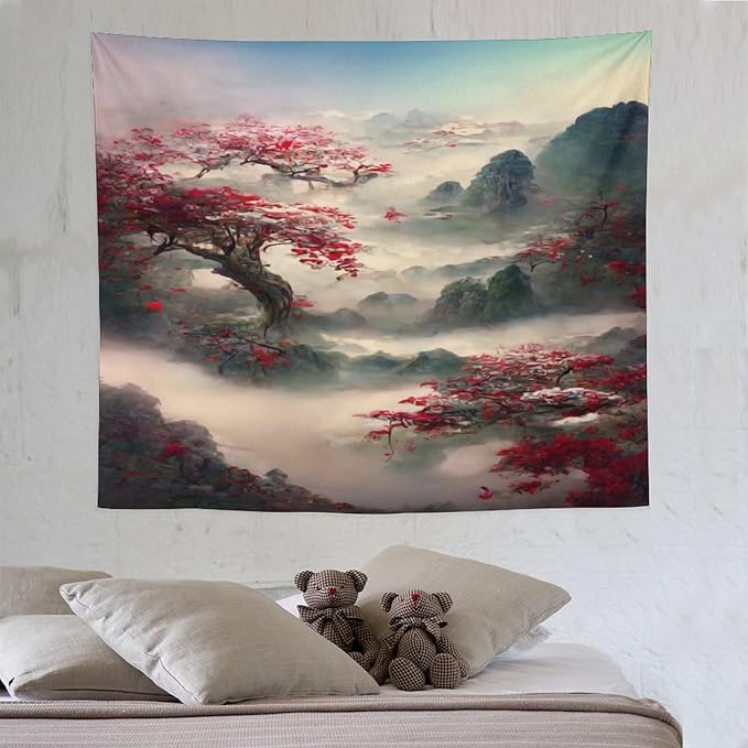 Japanese Tapestry, Red Plum Cherry Blossom Mountain Tapestry, Asian Japanese Wall Tapestry, Nature Landscape Tapestries for Bedroom Living Room Decor 60"x50"