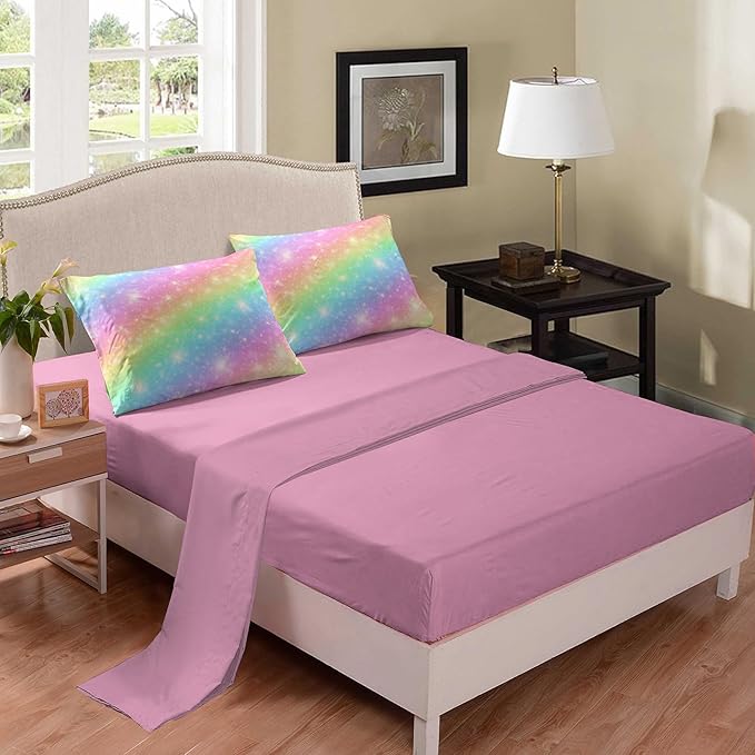 NINENINE Rainbow Bedding 5PCS Queen Comforter Set Pink Bedding Sets Teen Girl Comforter Glitter Bedding Set(1Comforter, 1Flat Sheet, 1Fitted Sheet, 2Pillowcases)…