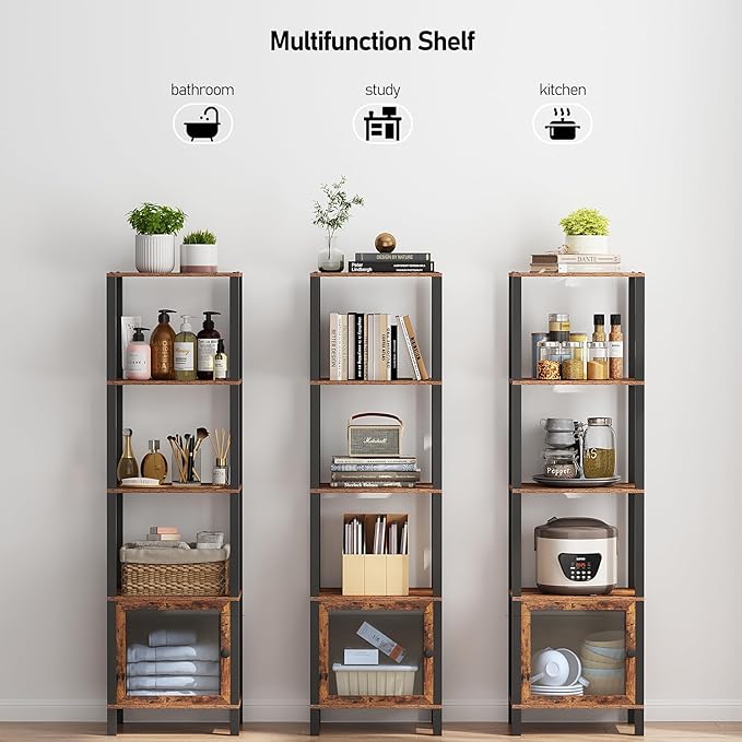 TUTOTAK 5 Tier Bookcase and Bookshelf, Narrow Book shelf with Door for Small Space, for Living Room, Office, Study, Entryway, Brown BS03BB005