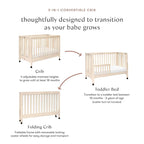 Babyletto Maki Full-Size 2-in-1 Portable Folding Crib with Toddler Bed Conversion Kit in Washed Natural, Greenguard Gold Certified