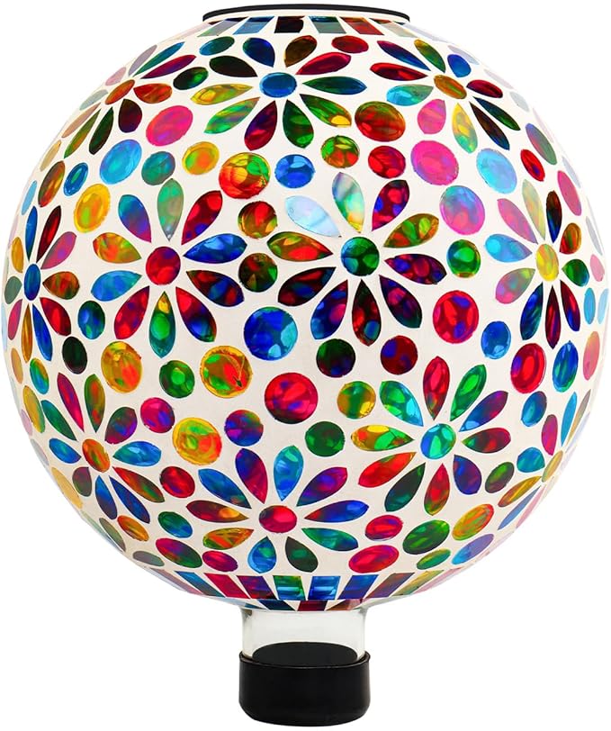 VOREEN 10" Mosaic Glass Gazing Ball with Solar Light, Outdoor Solar Gazing Globe, Handmade IP44 Waterproof Garden Decor Sphere for Patio Yard, Ideal Gift for Mom Wife Friend, Colorful Daisy Design
