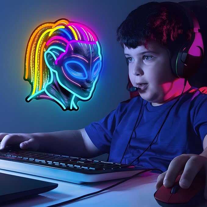 Dreadlocks Alien Neon Sign, E.T Neon Signs for Wall Decor, for Man Cave Game Room Teens Boy Room Decor, Gift for Teens Kids E.T Fans UFO Fans, Dimmable Decoration USB Powered with Switch