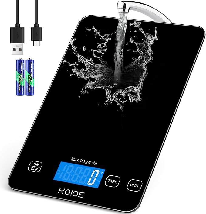 KOIOS Food Scale, 33lb/15kg Digital Kitchen Scale Weight in Grams and Ounces for Cooking Baking, 1g/0.1oz Precise Graduation, Batteries and Type-C Charging, Tare Function, LCD Display, Black