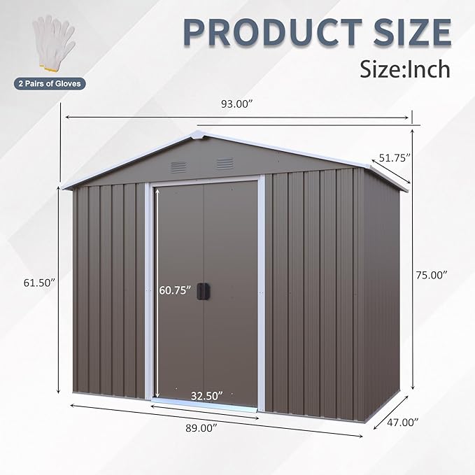 4x8 FT Outdoor Storage Shed, Metal Garden Shed with Frame Floor, Outside Tool Shed with Lockable Sliding Doors, Waterproof Storage Building with Sloped Roof for Backyard, Patio, Lawn, Warm Gray