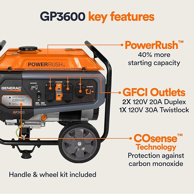 Generac 4,500 Starting Watt Portable Gas Generator - Electric Start - Home Backup or RV Ready - Heavy Duty Frame - Quiet, Long Runtime, Emergency Power- 49-State Compliant