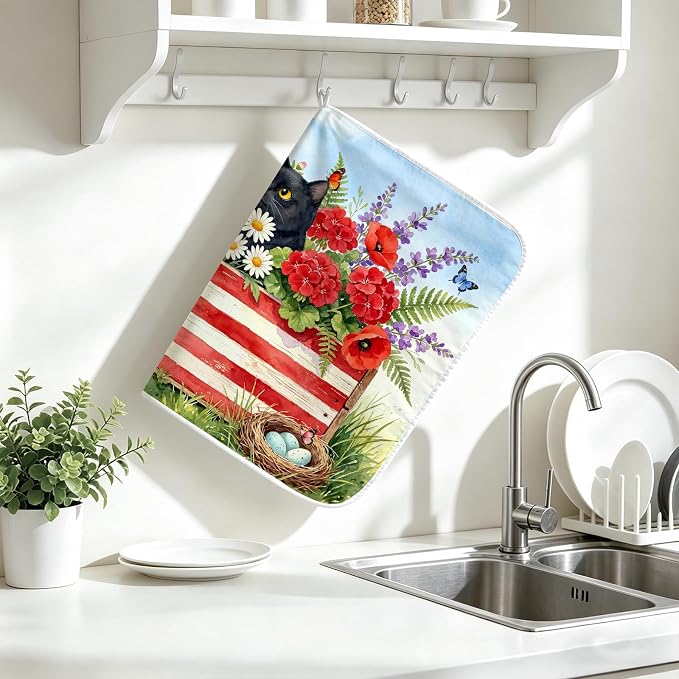 Patriotic Cats Dish Drying Mat for Kitchen Counter Coffee Bar 18x24 in | Decorative Non Slip Absorbent Kitchen Dishes Drainer Mat, with Anti-slip Rubber Backing & Hanging Loop, for Sink, Home Gift