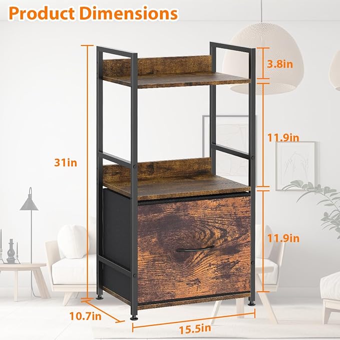 Book Shelf with Storage 3 Tier Narrow Skinny Short Standing Shelves Bookcase with Drawers for Bedroom Living Room, Small Bookshelf for Small Space Rustic Shelf Organizer Office Display Shelf