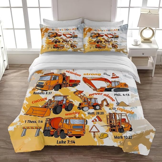 Kids Construction Vehicles Truck Comforter for Boys Queen,Cartoon Car Excavator Tractor Bedding Set,Construction Christian Spirational Quotes Comforter with 2 Pillowcases Yellow