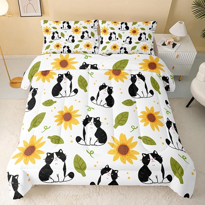 Kawaii Cat Comforter Twin Size,Sunflower Cat Comforter Set for Kids Teens Girls Boys,3Pcs Bedding Set Printed Comforter with 2 Pillowcases,Down Alternative,Soft and Lightweight，Twin Size