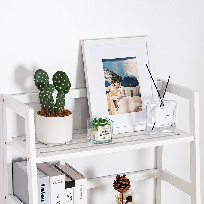 4-Tier Bamboo Bookshelf Ladder Shelf Book Shelf Bookcase Freestanding Storage Rack Plant Stand for Bedroom, Living Room, Bathroom, Small Space, Light white