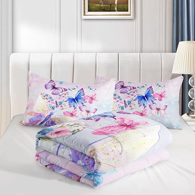 Datura home Watercolor Butterfly Comforter Bedding Set for Girls Kids Teens,Lightweight Colorful Floral Butterfly Printed Tie-dye with 2 Pillowcases(Watercolor Butterfly Queen),Butterfly Purple