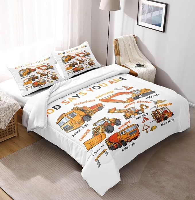 Kids Construction Vehicles Truck Comforter for Boys Queen,Cartoon Car Excavator Tractor Bedding Set,Construction Christian Spirational Quotes Comforter with 2 Pillowcases White