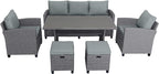 Outdoor Rattan Sectional Sofa with Dining Table, Chairs and Stools for Garden Backyard, 6-Piece Patio Furniture Set All-Weather Wicker Conversation Couch, Onesize, Gray
