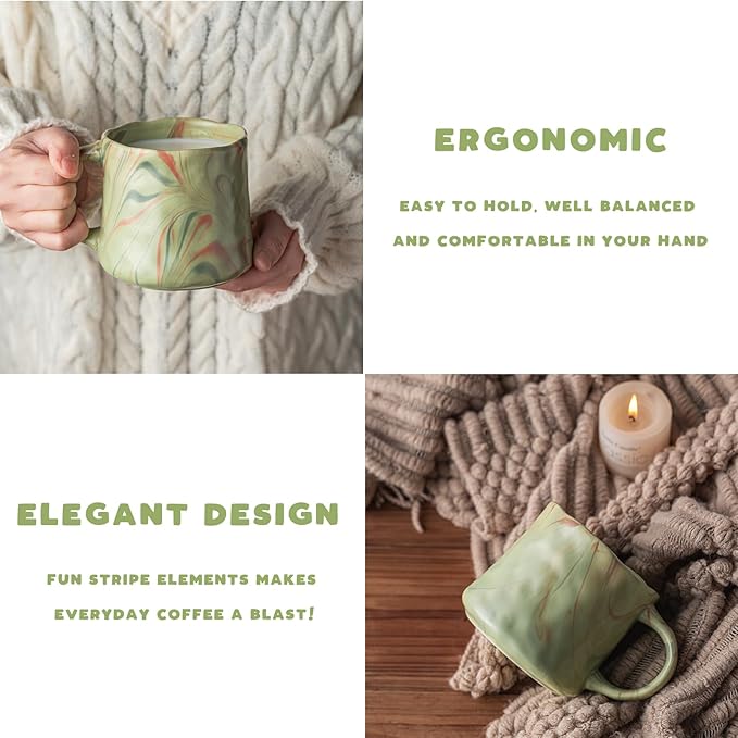 Abstract Art Ceramic Coffee Mugs Set - 2 Pack, Mint Green with Red and White Accents, Handcrafted Design for Modern Kitchen or Office