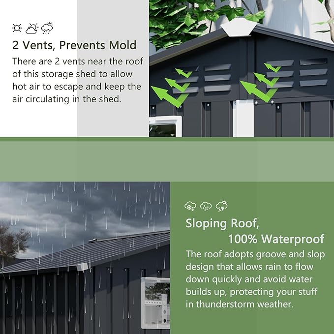 6x4 FT Outdoor Storage Shed with Windows Metal Garden Sheds with Lockable Doors Waterproof Galvanized Small Tool Storage Steel Sheds with Air Vents Sloping Roof Ideal for Backyard Patio Lawn Gray