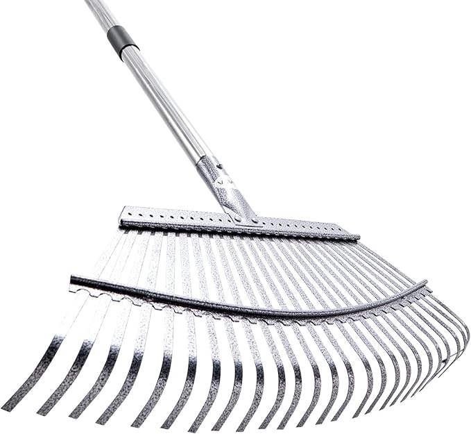 VEVOR Leaf Rake, 25 Metal Tines, Adjustable Garden Rake for Lawns with 18.3 Inch Wide Head & 36.4-72.8 Inch Long Handle, Heavy Duty Stainless Steel Small Leaves Tool for Gardening Camping Yard Grass