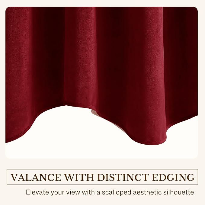 Red Christmas Velvet Window Valance 52x18 Inch 4-Panel Set | Soft Wavy Kitchen Curtains for Windows, Luxury Fabric Aesthetic Window Treatment for Bay Window, Living Room