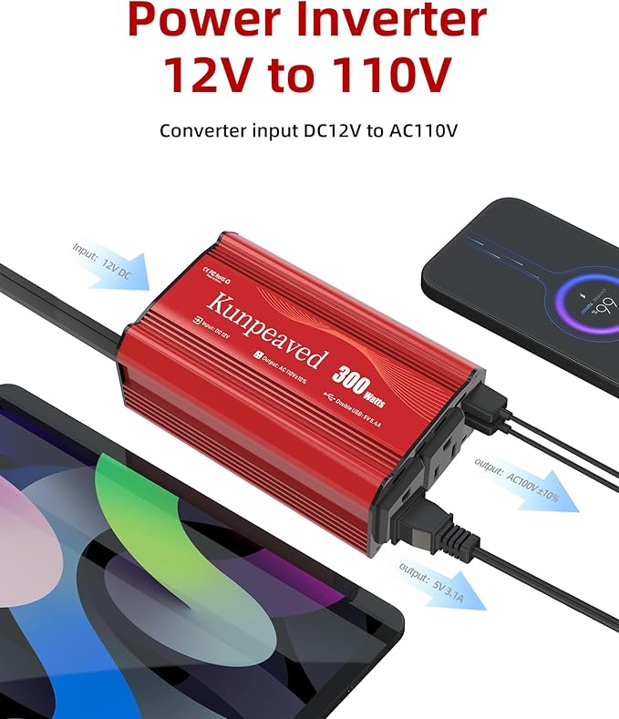 Power Inverter, Kunpeaved 300W Car Inverter DC 12V to 110V Charger Converter with Dual USB Ports and 2 AC Outlets for Air Compressor Laptops(Red)