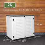 Horizontal Outdoor Garden Storage Shed for Backyards and Patios, Plastic Storage Box Waterproof, Small Shed 26 Cubic Feet Capacity for Bike, Garbage Cans, Lawn Mower, Tools and Garden Accessories