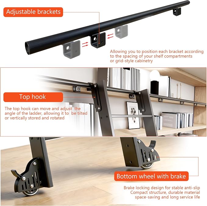 DIYHD 87" Rolling Library Ladder with Handrail, 4FT Sliding Rail, Black | 7-Step lightweight ladder with space-saving upright storage, Telescopic top hooks, Locking bottom rollers, 300lbs capacity
