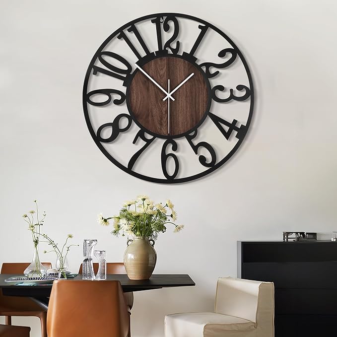 LEIKE 30" Oversized Large Wall Clocks,Silent,Non Ticking,Battery Operated Modern Round Big Wood Decorative Metal Wall Clock for Living Room, Bedroom,Kitchen,Farmhouse,Office Decor - Black,30 Inch