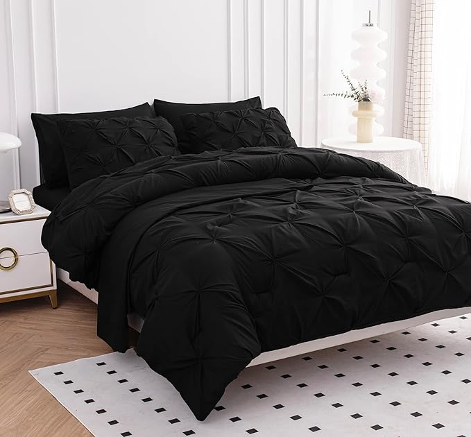 LANE LINEN King Size Comforter Set with Sheets, Complete 7 Piece King Comforter Set, Pintuck King Size Bedding Set, Soft King Size Bed in a Bag Set, Premium King Bed Set, Pillowcases & Shams - Black