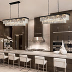 Crystal Chandeliers for Dining Room Light Fixtures Over Table，15-Lights Black Modern Rectangle Chandeliers for Kitchen Island Bar L40 Inch
