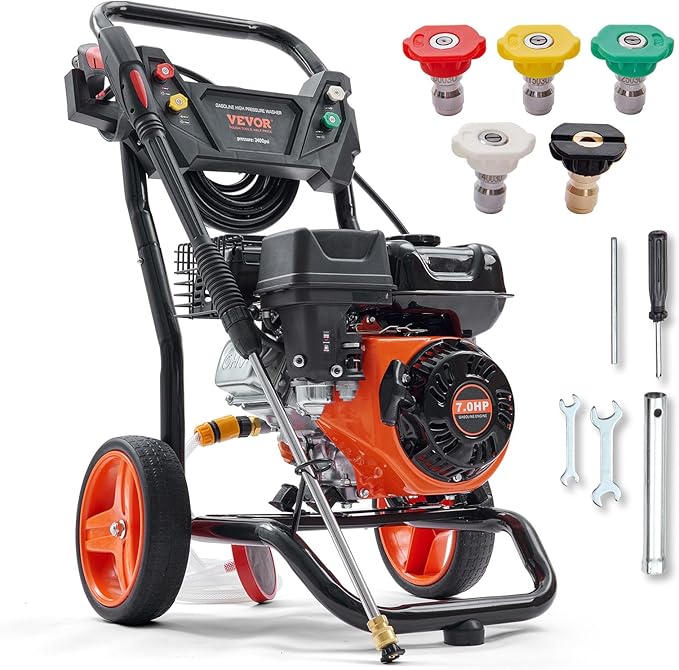 VEVOR Gas Powered Pressure Washer 3400 PSI 2.6 GPM, with Spray Gun and Extension Wand, 5 Quick Connect Nozzles, Copper Pump