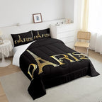 Erosebridal Eiffel Tower Comforter Set, City Building of Paris Bedding Set Queen Size, Gold Black Duvet Sets for Kids Boys Girls Teens Bedroom, Soft Microfiber Bedding Comforters with 2 Pillow Cases