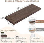 Axeman Floating Shelves for Wall, 24''W x 8'' D Rustic Solid Elm Wood Shelves for Storage, Wall Mounted Display Shelving with Invisible Heavy-Duty Metal Bracket (Walnut, 2PCs)