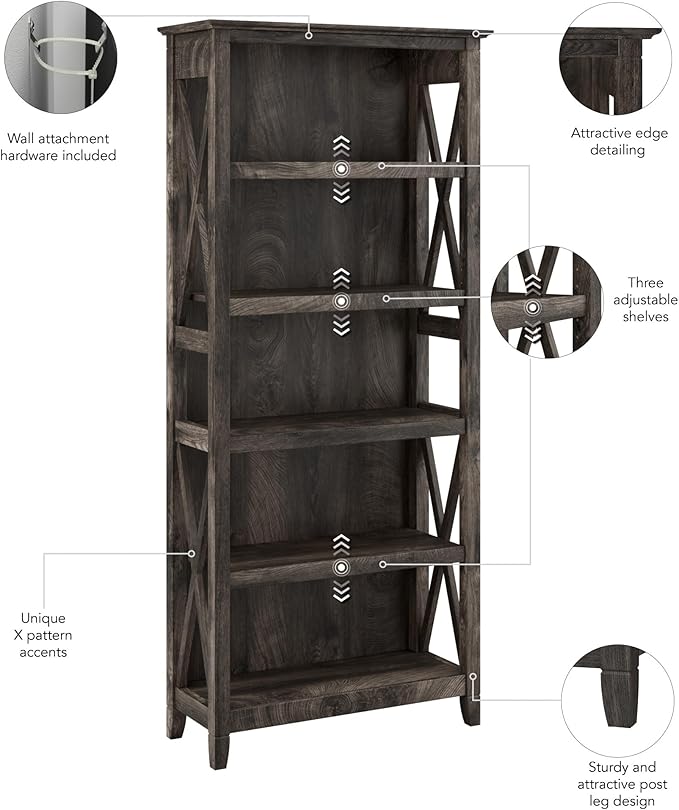 Bush Furniture Key West Tall 5 Shelf Bookcase in Dark Gray Hickory