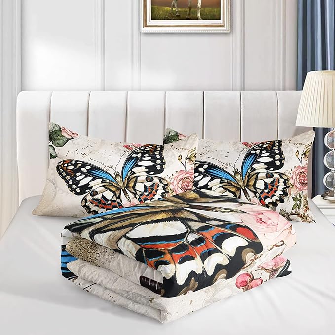 Butterfly Comforter Set for Girls Kids Adults Butterfly Rose Bedding Set Aesthetics Butterflies Quilt Duvet Set Full Size with 1 Comforter and 2 Pillowcases
