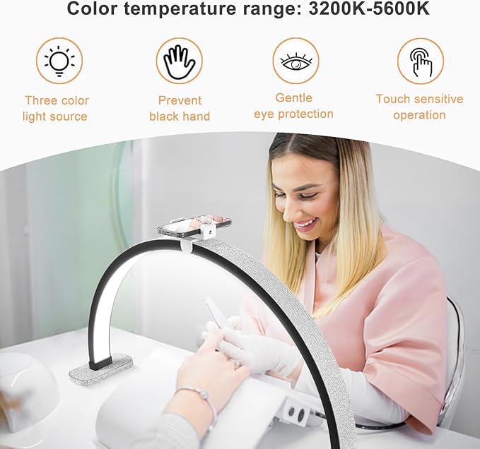 Half Moon Light for Nail Desk, 30 in 40W Half Moon Table Lamp Nail Desk Lamp with Phone Holder for Nail Tech, Beauty, Eyelashes, Tattoos, Crafts, Lash Lamp with Touch Brightness Adjustment