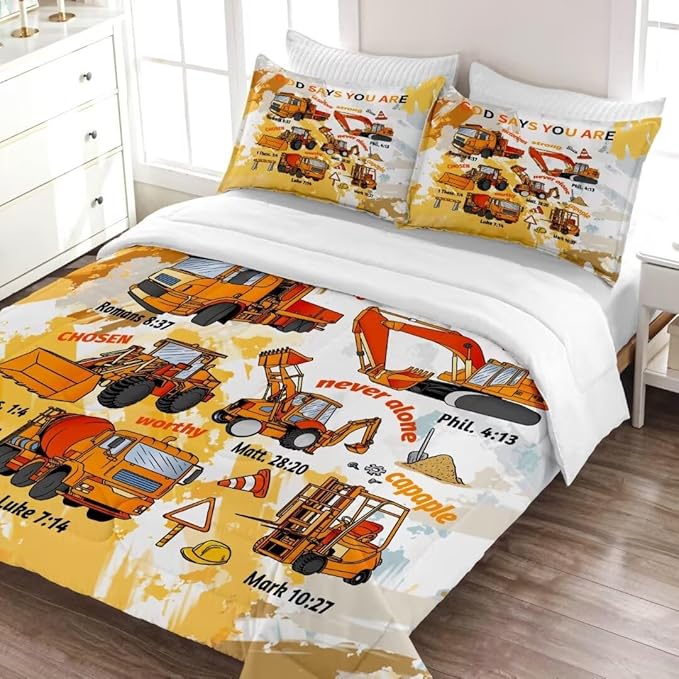 Kids Construction Vehicles Truck Comforter for Boys Queen,Cartoon Car Excavator Tractor Bedding Set,Construction Christian Spirational Quotes Comforter with 2 Pillowcases Yellow