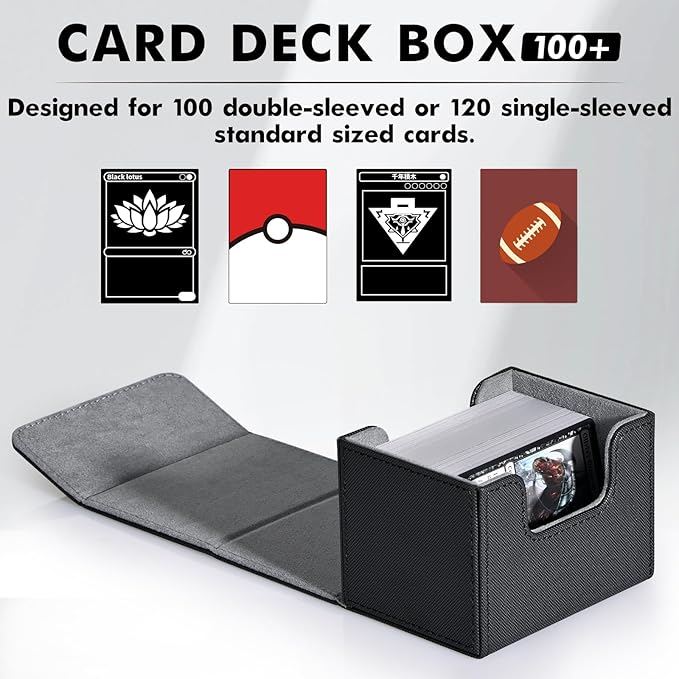 ZLCA Card Deck Box for Trading Cards, MTG Commander Deck Box Holds 120+ Single Sleeved Cards, Leather Magnetic Card Storage Box Fits for TCG CCG Magic Cards (Black)
